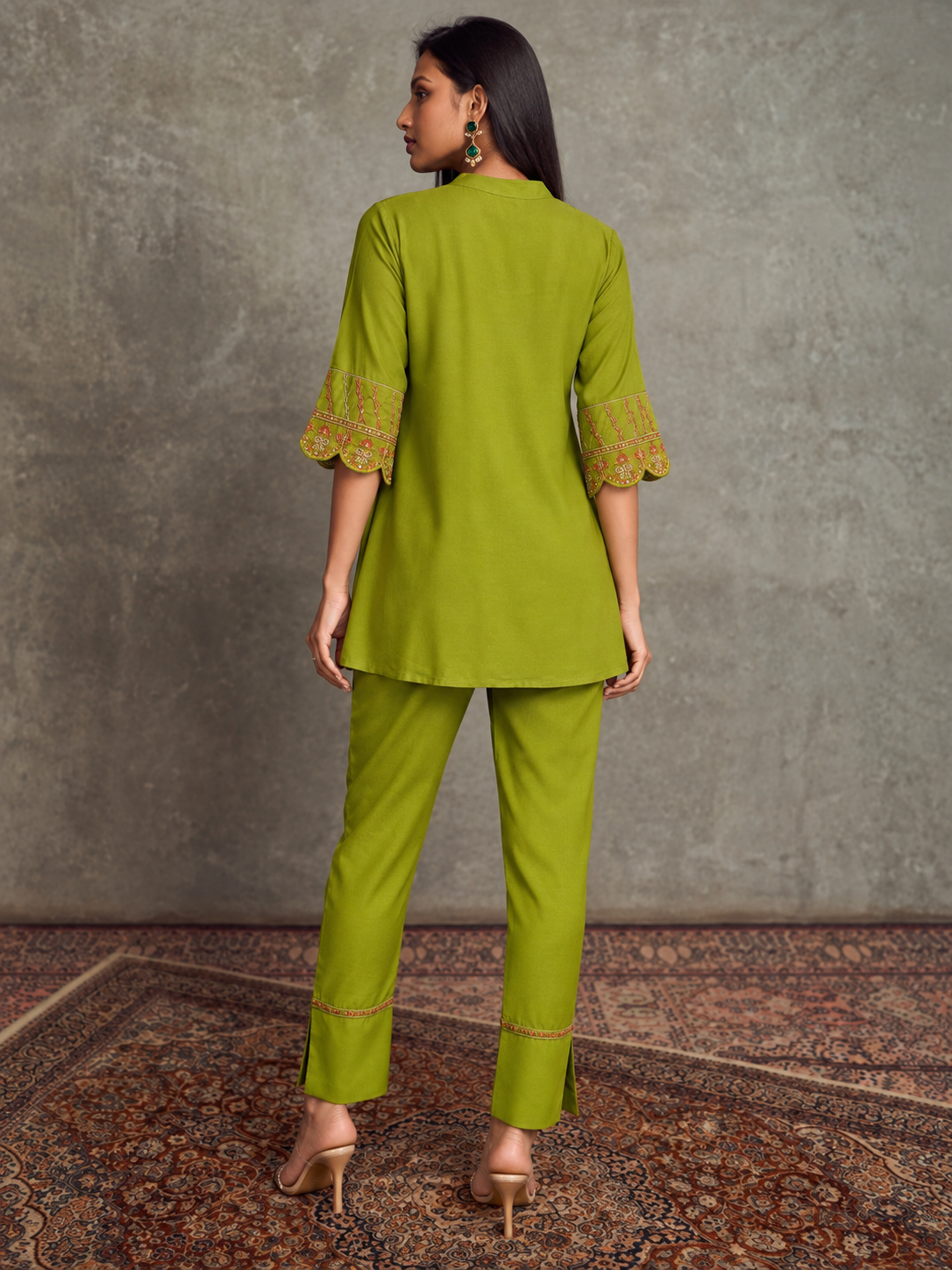 Women Green Sleeves Embroidered Shirt With Palazzos