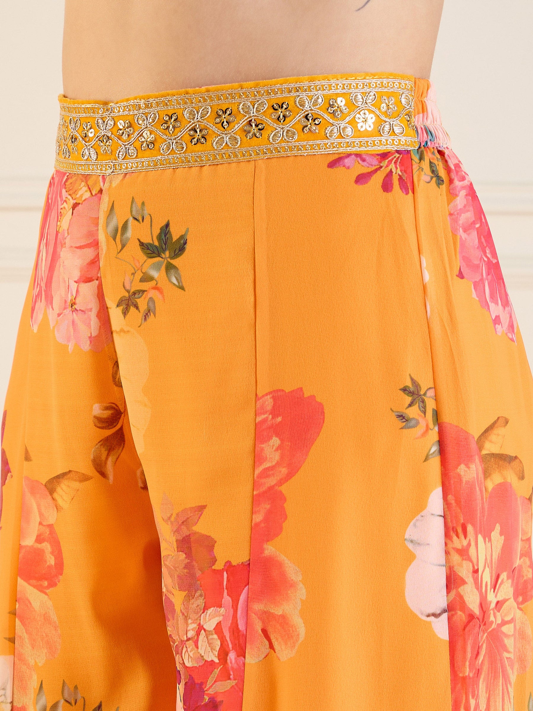 Yellow Floral Crop Top With Pants & Shrug-Shae by SASSAFRAS