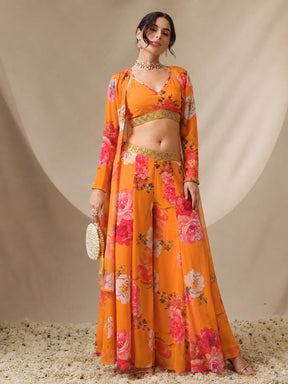 Yellow Floral Crop Top With Pants & Shrug-Shae by SASSAFRAS