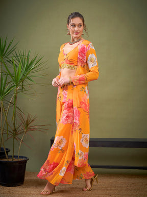 Yellow Floral Crop Top With Pants & Shrug-Shae by SASSAFRAS