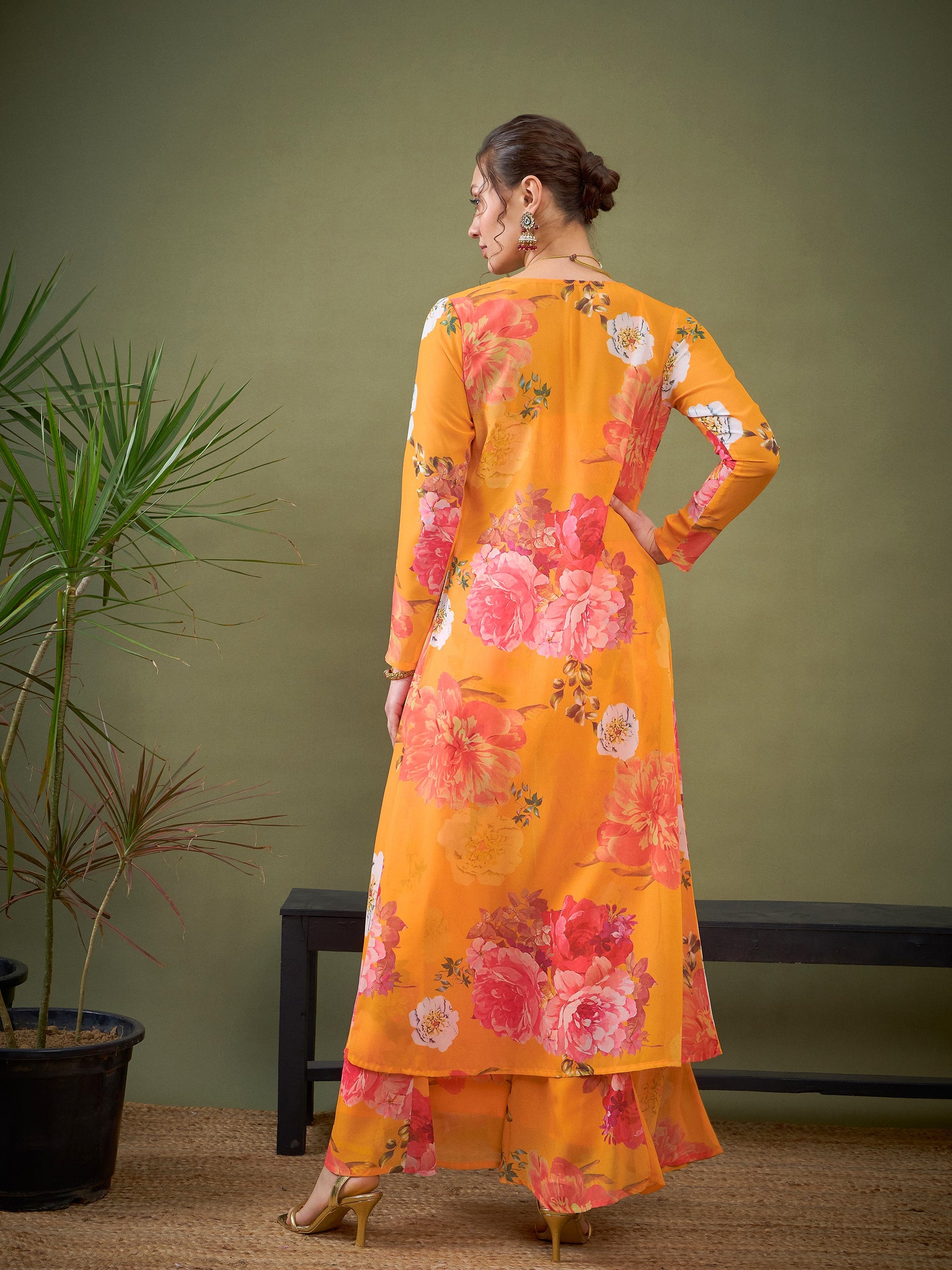 Women Yellow Floral Crop Top With Pants & Shrug