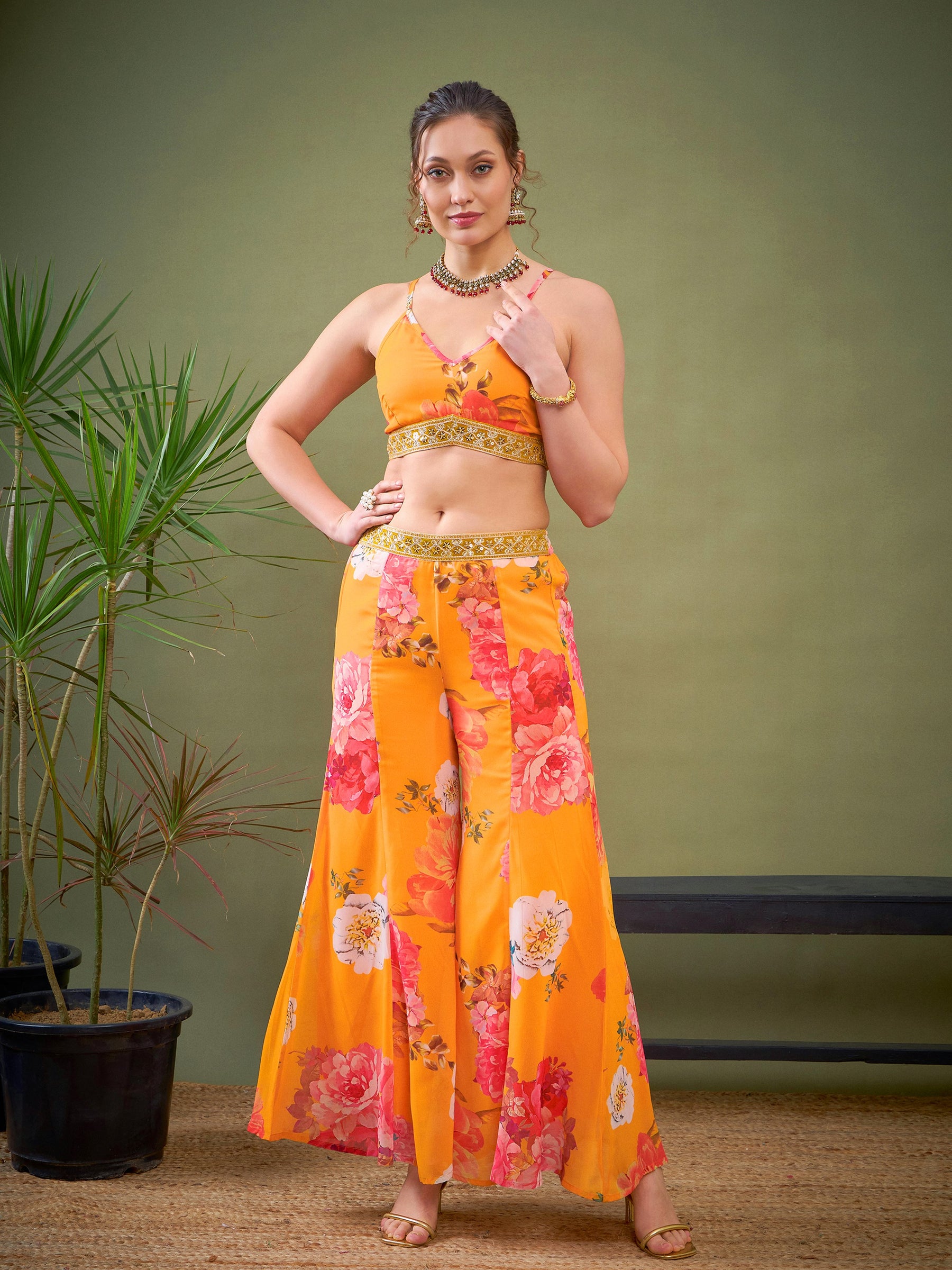 Women Yellow Floral Crop Top With Pants & Shrug