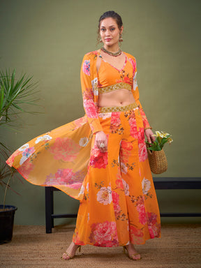 Women Yellow Floral Crop Top With Pants & Shrug