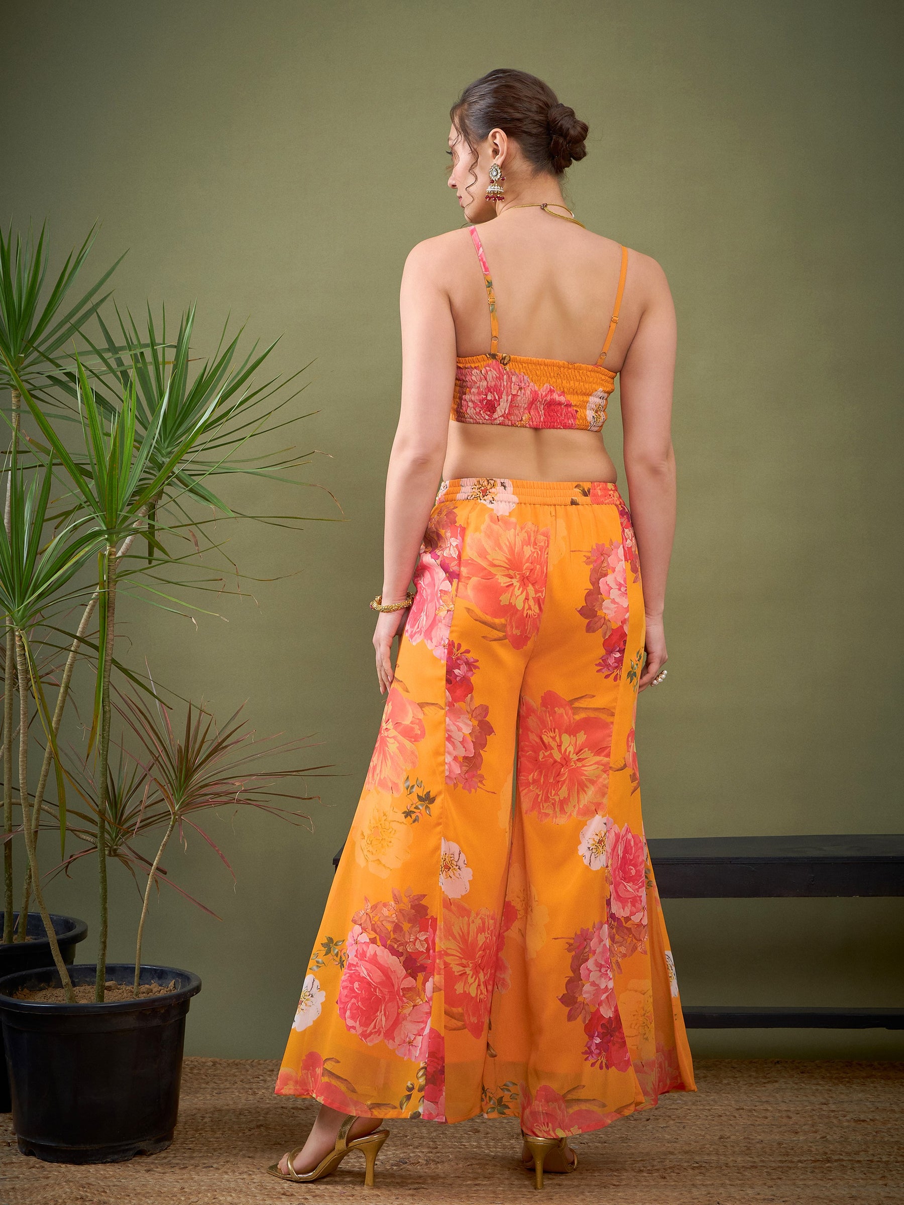Women Yellow Floral Crop Top With Pants & Shrug