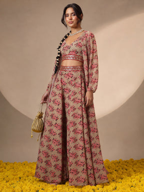 Beige Floral Crop Top With Pants & Shrug-Shae by SASSAFRAS