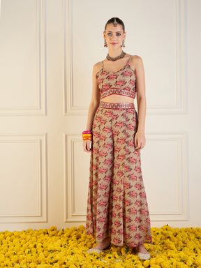 Women Beige Floral Crop Top With Pants & Shrug