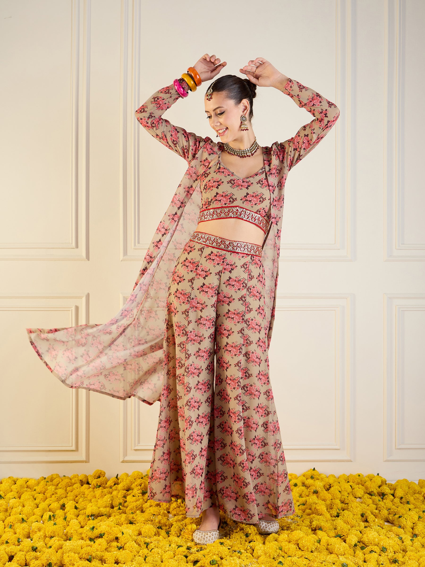 Women Beige Floral Crop Top With Pants & Shrug