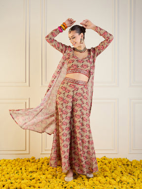 Women Beige Floral Crop Top With Pants & Shrug