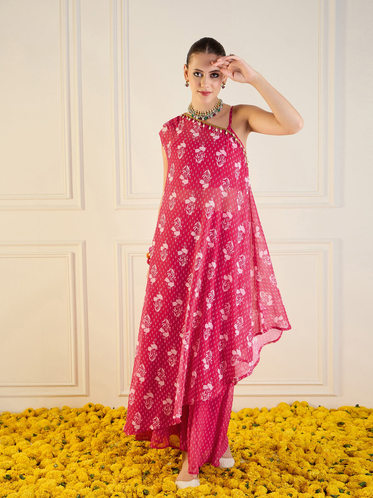 Fuchsia Floral One Shoulder Top With Sharara-Shae by SASSAFRAS