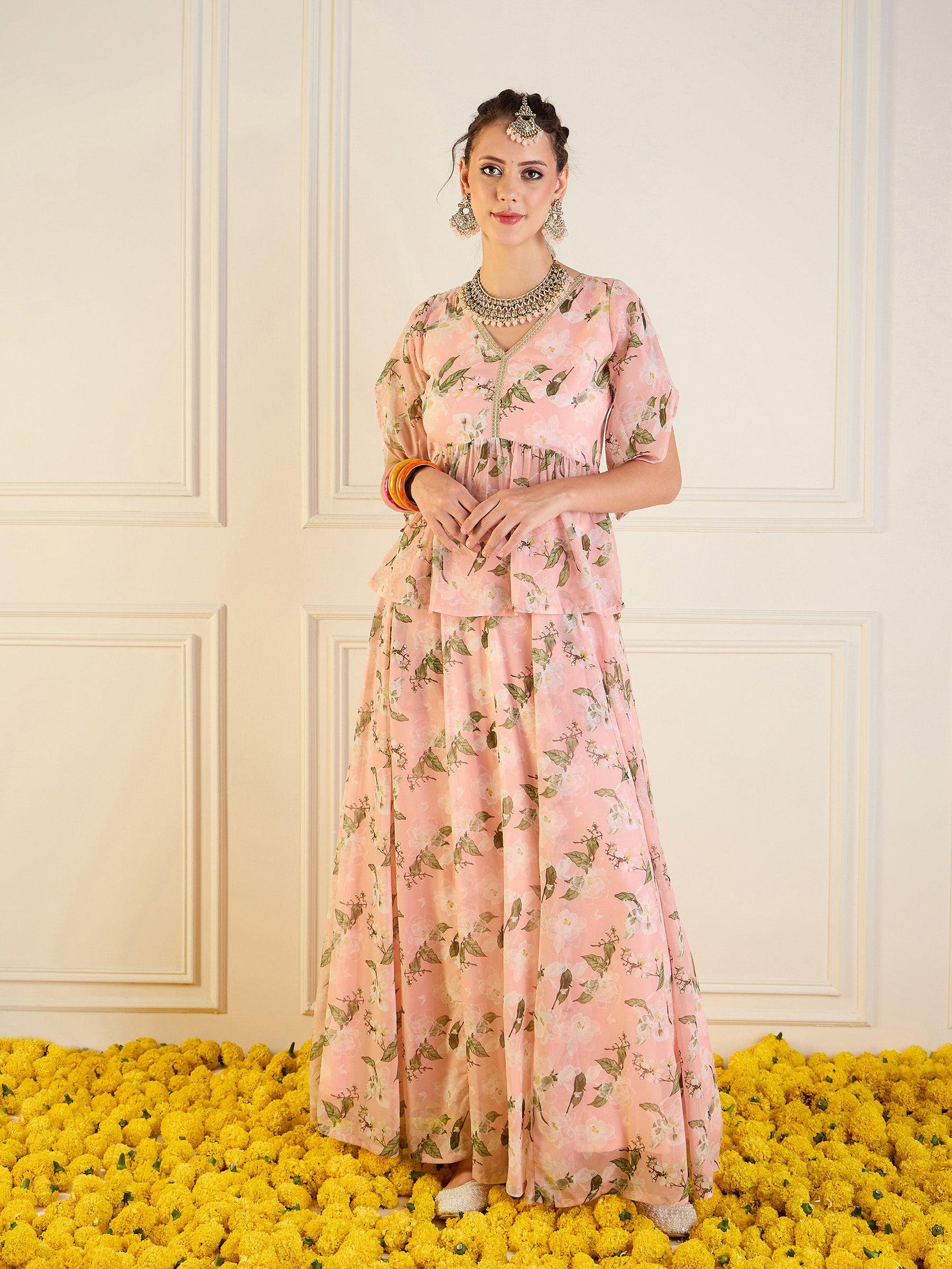 Peach Floral Anarkali Skirt With Peplum Top-Shae by SASSAFRAS