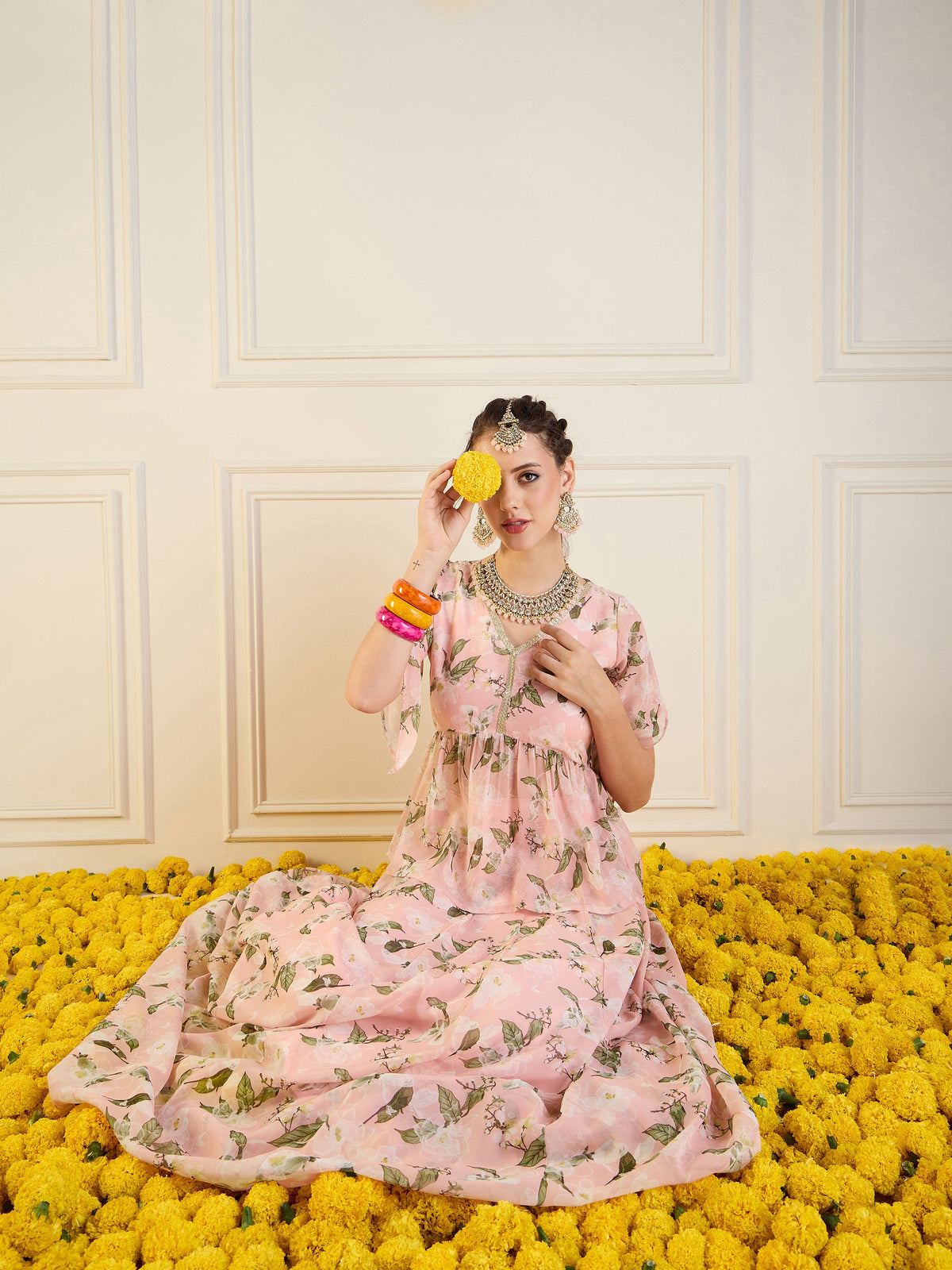 Peach Floral Anarkali Skirt With Peplum Top-Shae by SASSAFRAS
