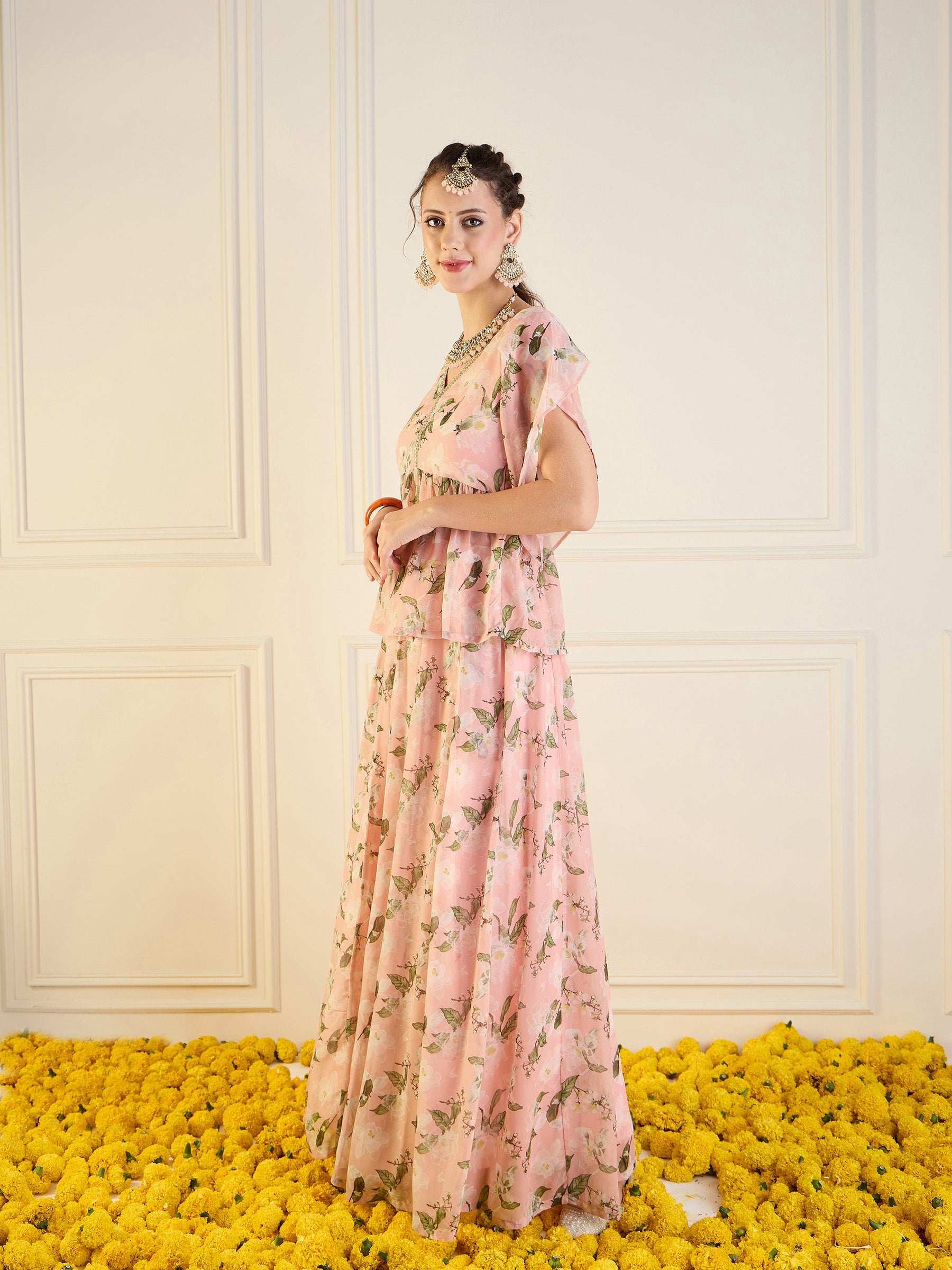 Peach Floral Anarkali Skirt With Peplum Top-Shae by SASSAFRAS