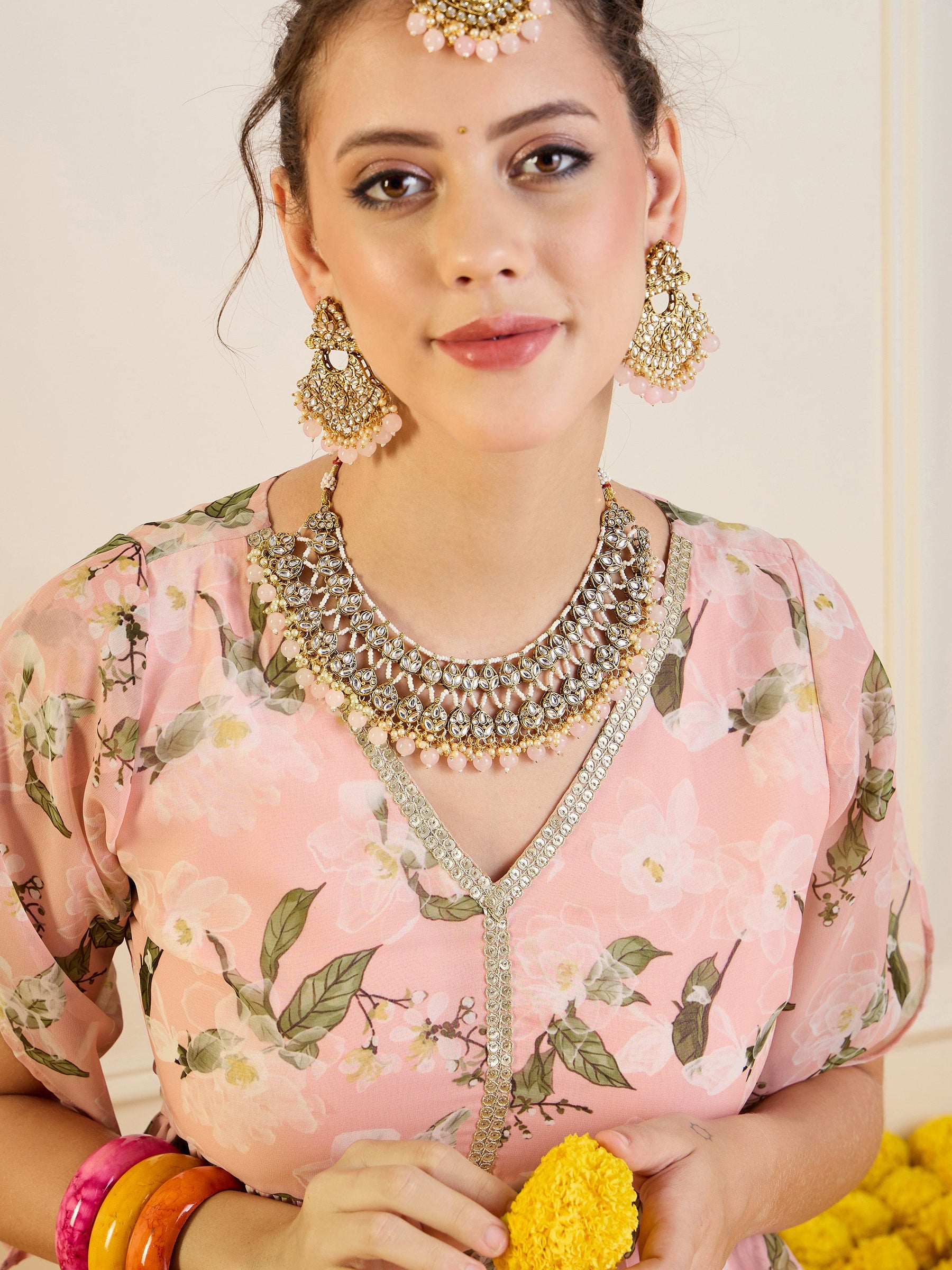 Peach Floral Anarkali Skirt With Peplum Top-Shae by SASSAFRAS