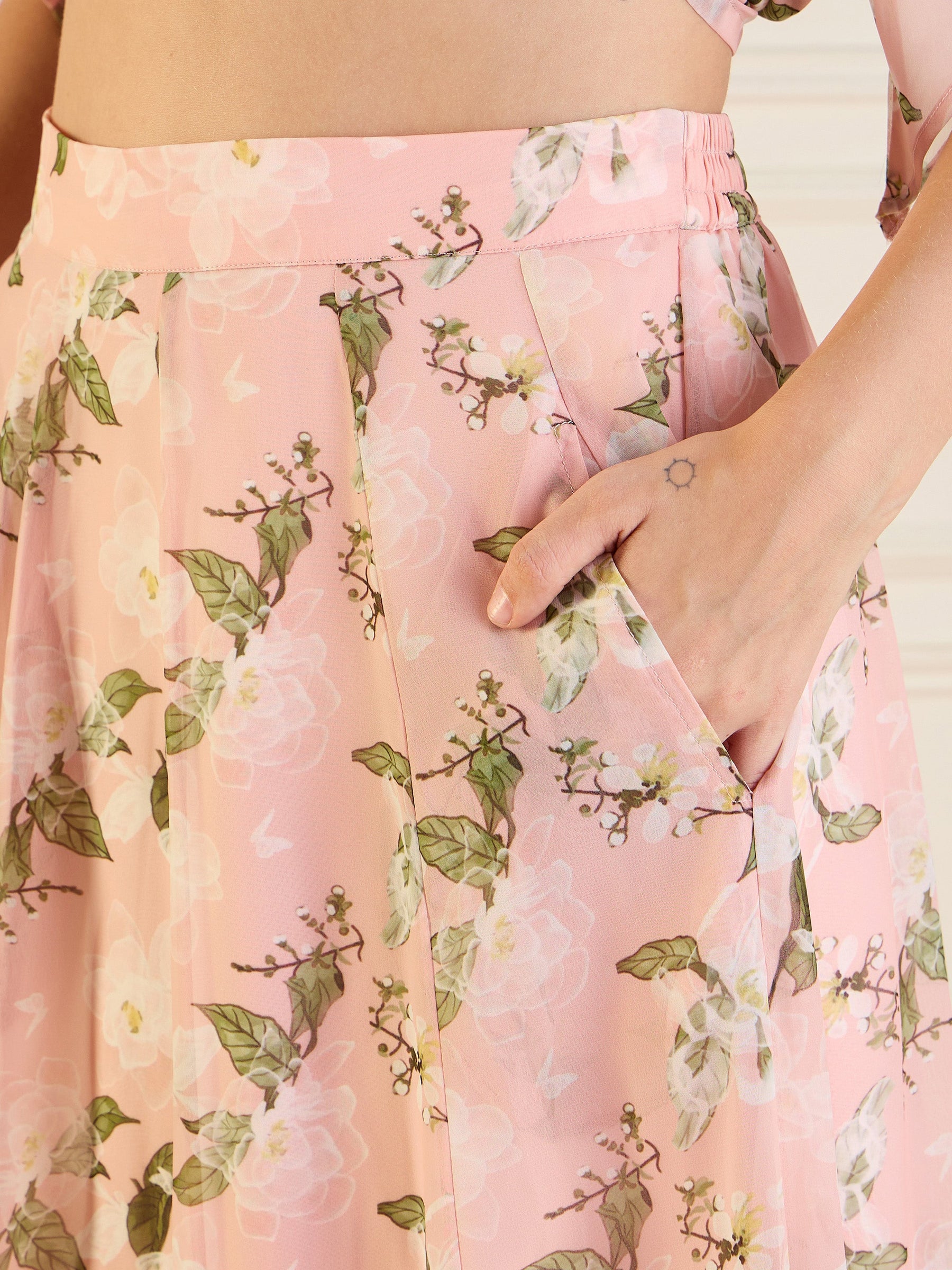 Peach Floral Anarkali Skirt With Peplum Top-Shae by SASSAFRAS