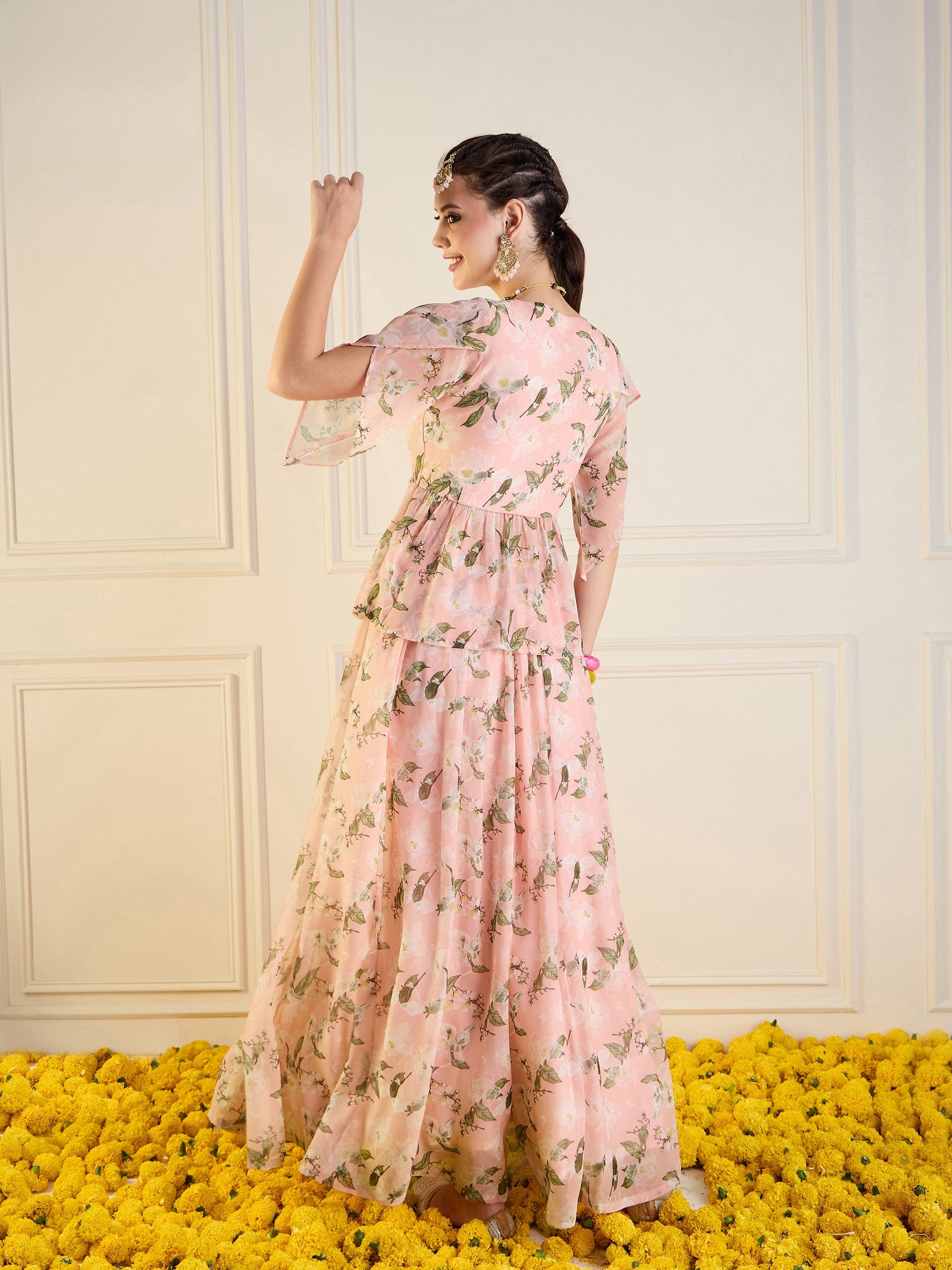 Peach Floral Anarkali Skirt With Peplum Top-Shae by SASSAFRAS