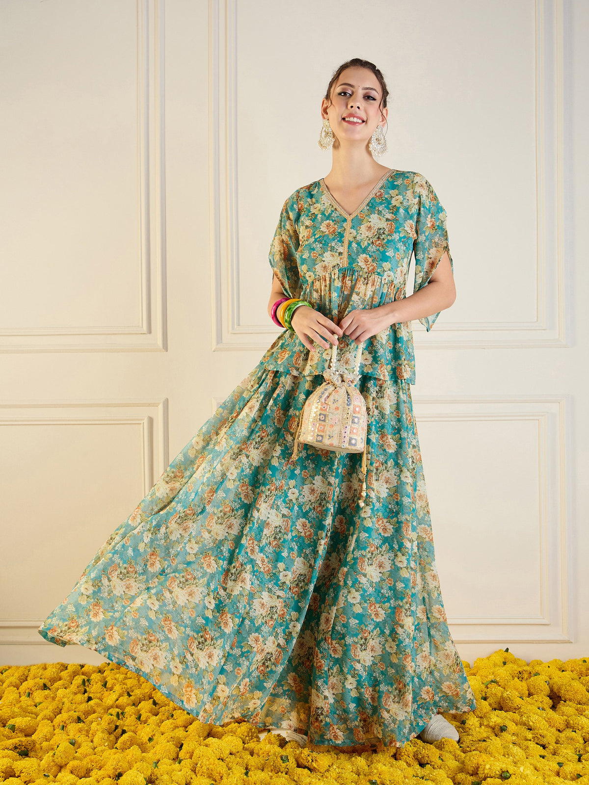 Turquoise Blue Floral Anarkali Skirt With Peplum Top-Shae by SASSAFRAS