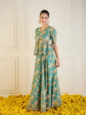 Turquoise Blue Floral Anarkali Skirt With Peplum Top-Shae by SASSAFRAS