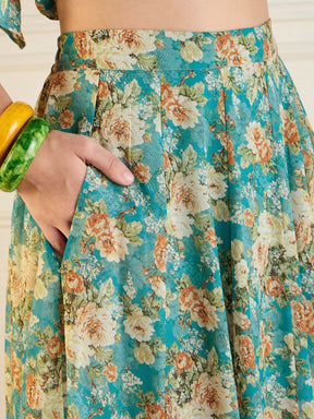 Turquoise Blue Floral Anarkali Skirt With Peplum Top-Shae by SASSAFRAS