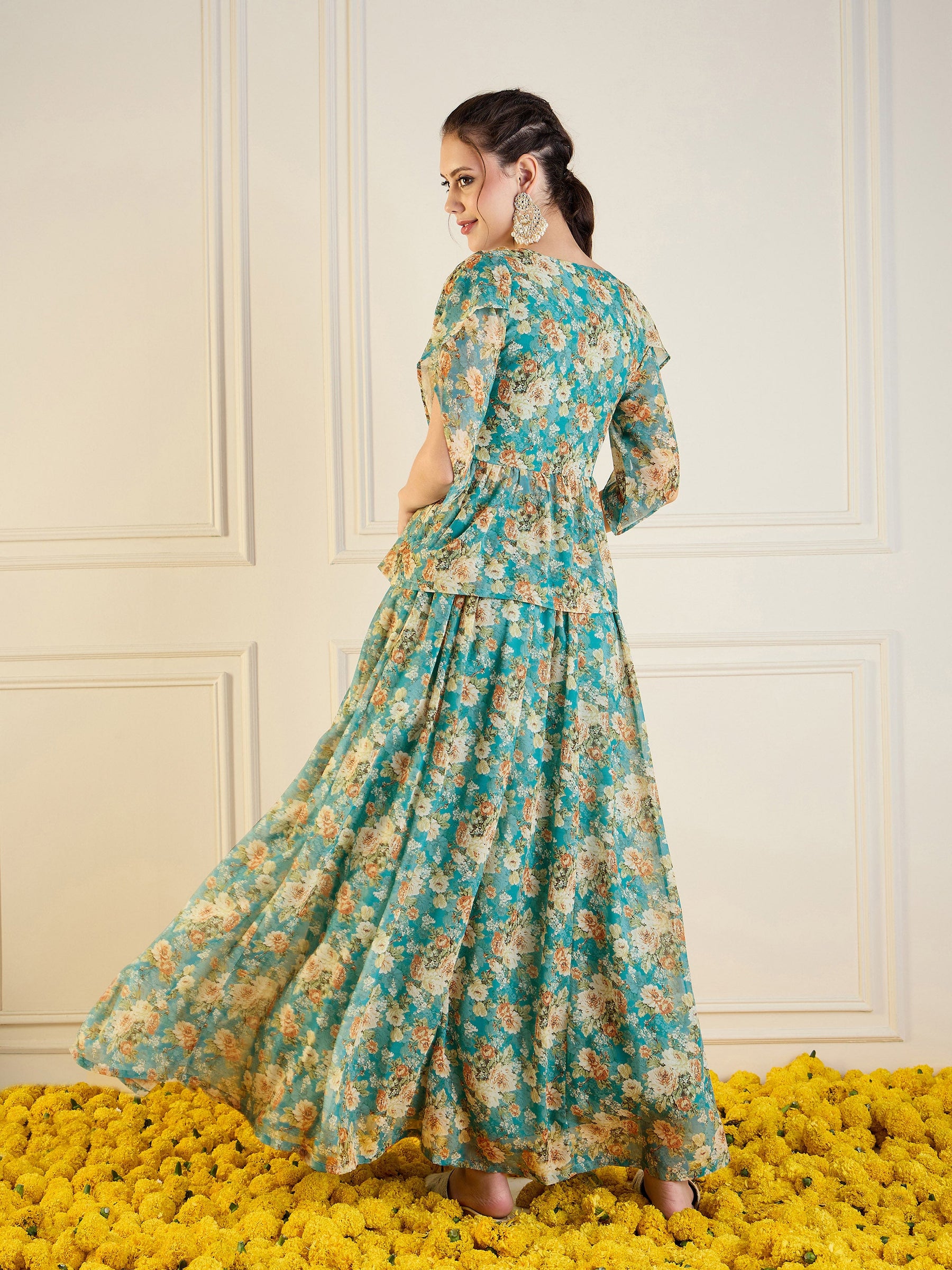 Turquoise Blue Floral Anarkali Skirt With Peplum Top-Shae by SASSAFRAS