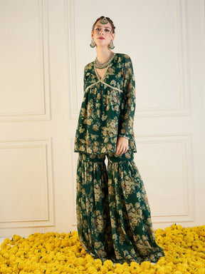 Emerald Green Floral Peplum Top With Sharara Pants-Shae by SASSAFRAS