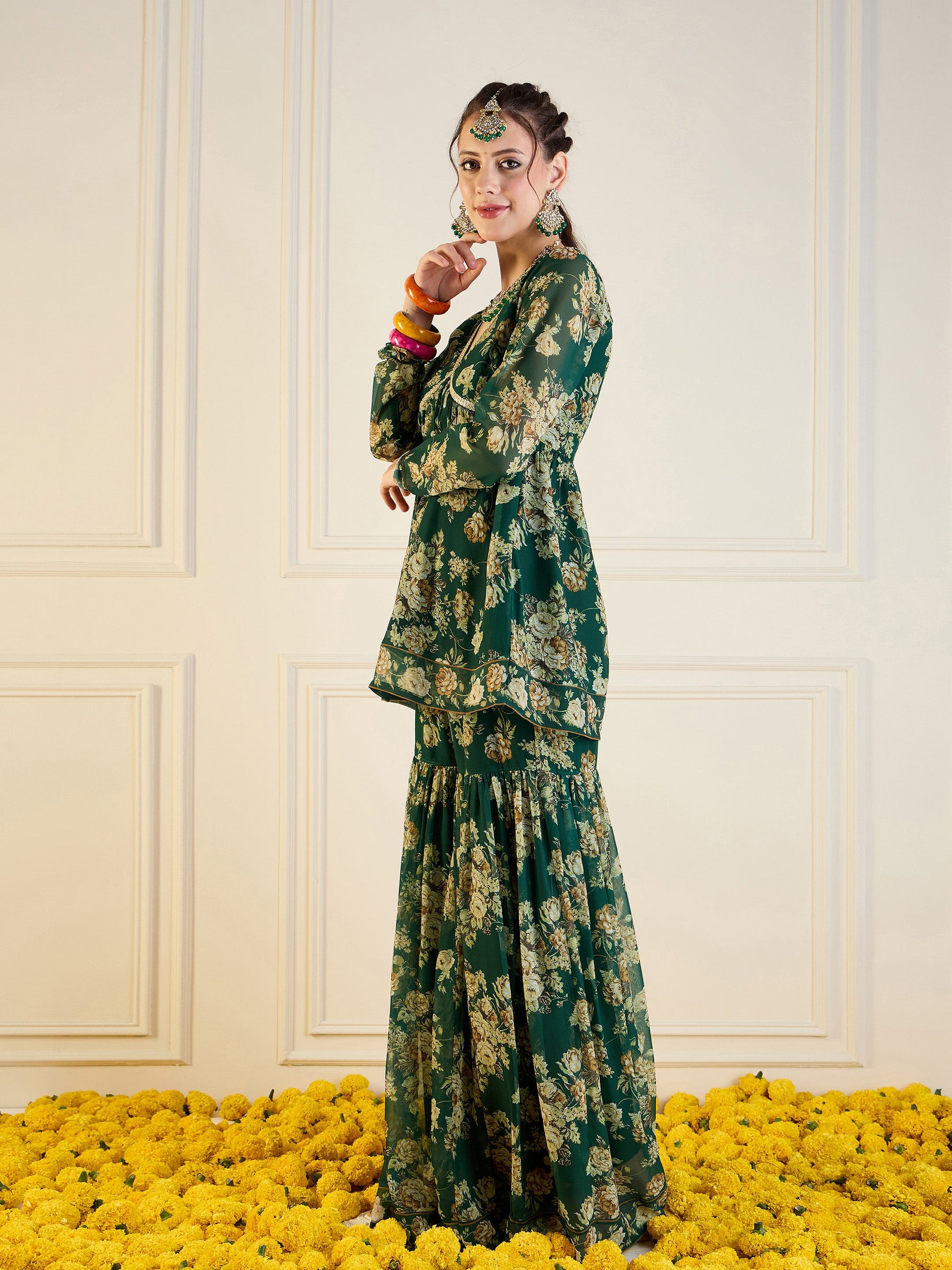 Emerald Green Floral Peplum Top With Sharara Pants-Shae by SASSAFRAS