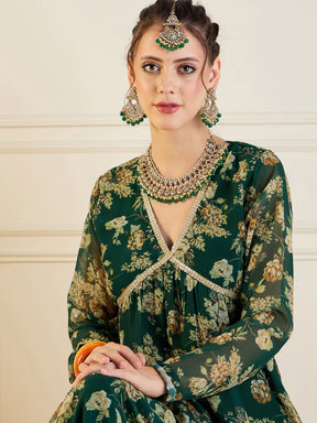 Emerald Green Floral Peplum Top With Sharara Pants-Shae by SASSAFRAS