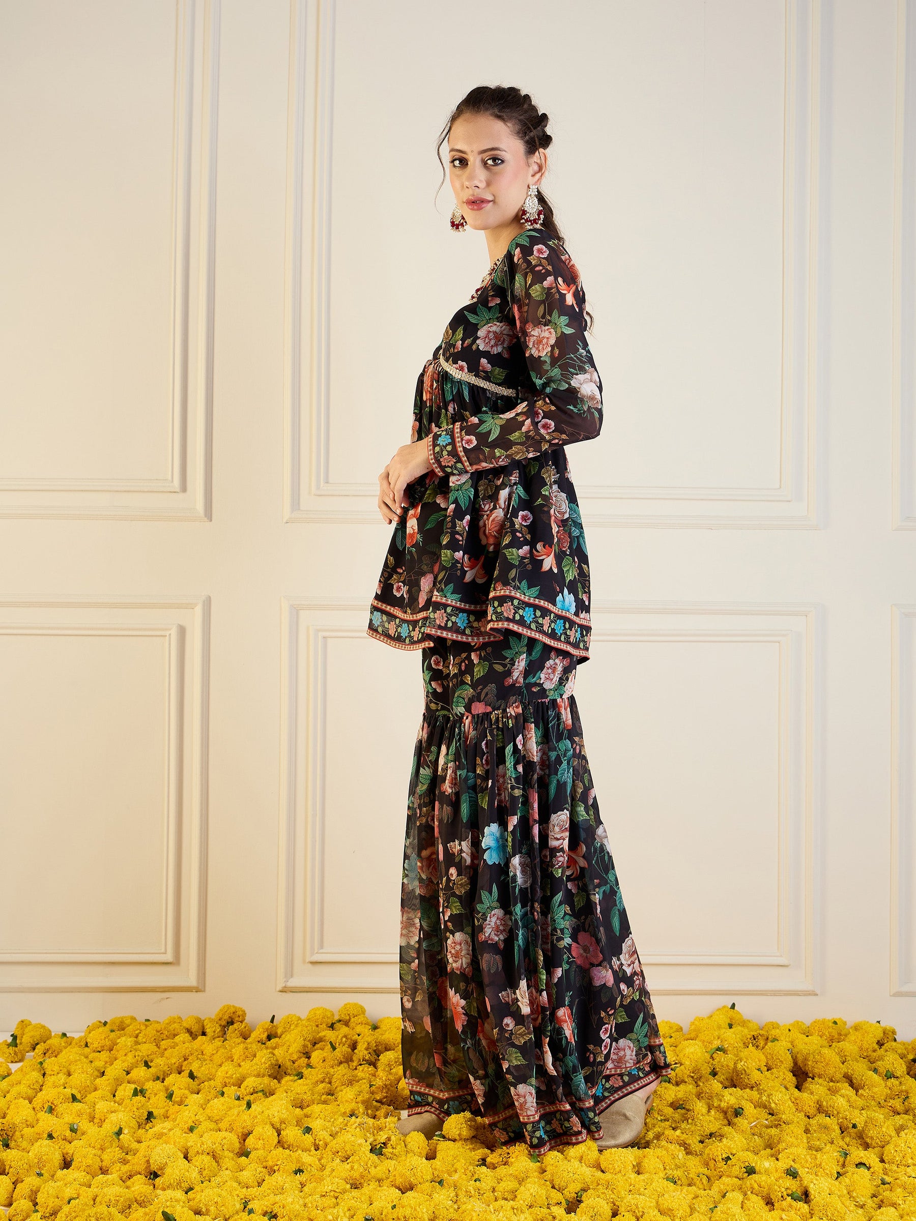 Black Floral Peplum Top With Sharara Pants-Shae by SASSAFRAS