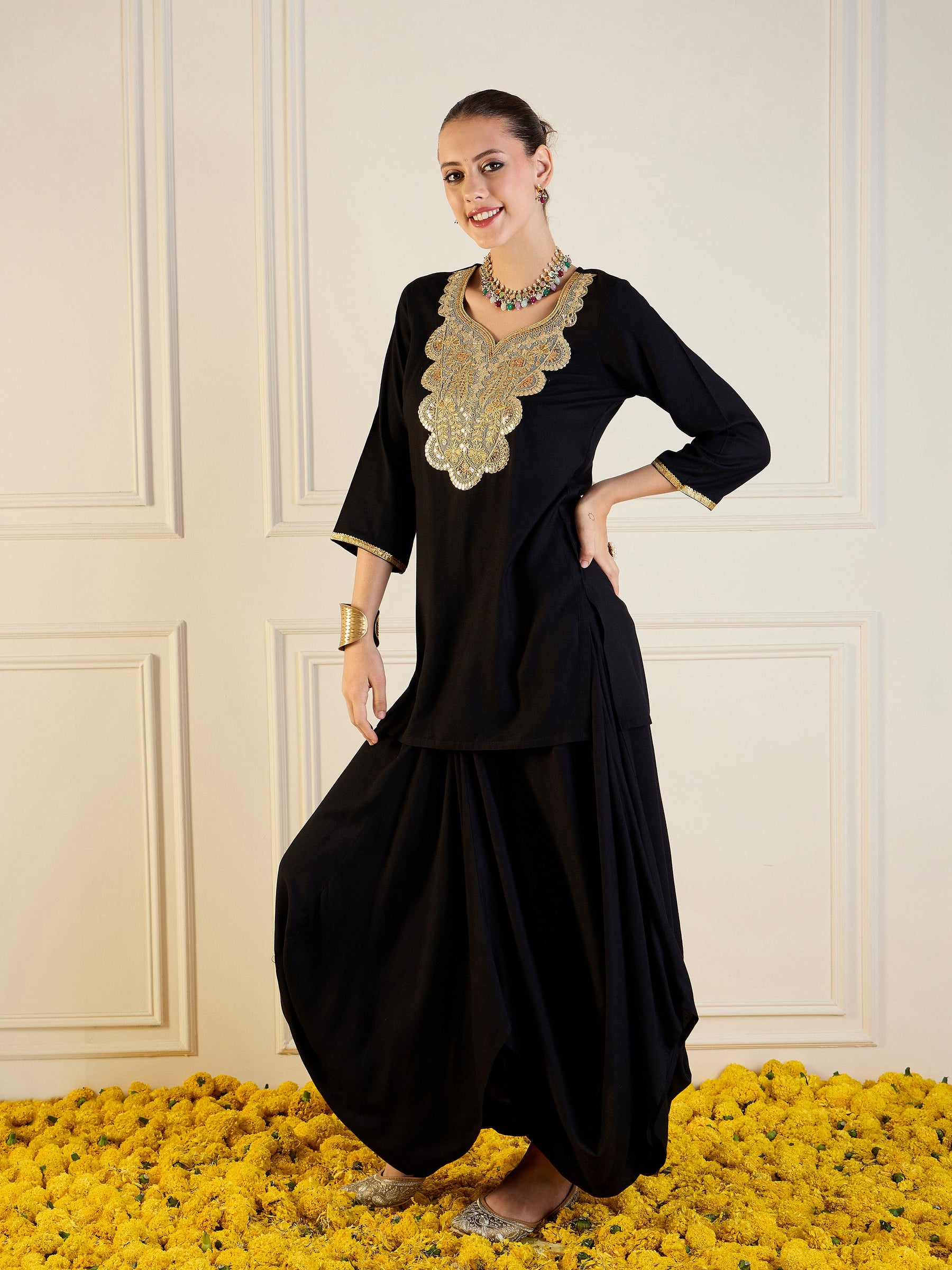 Black Rayon Embroidered Short Kurta With Dhoti Skirt-Shae by SASSAFRAS