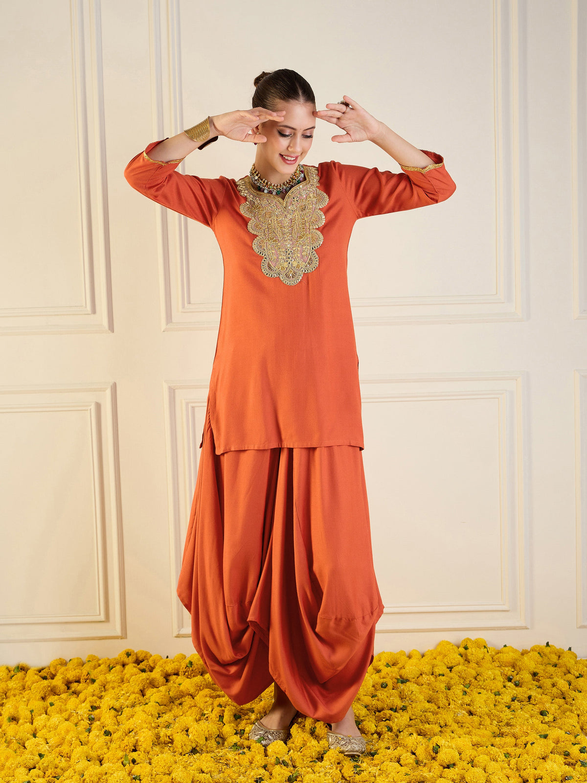 Rust Rayon Embroidered Short Kurta With Dhoti Skirt-Shae by SASSAFRAS