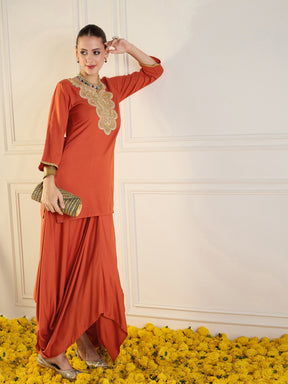 Rust Rayon Embroidered Short Kurta With Dhoti Skirt-Shae by SASSAFRAS