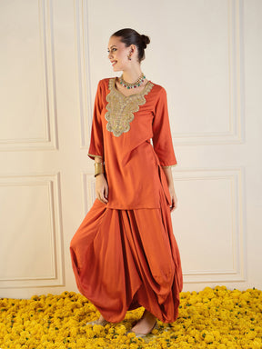 Rust Rayon Embroidered Short Kurta With Dhoti Skirt-Shae by SASSAFRAS