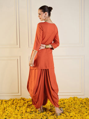 Rust Rayon Embroidered Short Kurta With Dhoti Skirt-Shae by SASSAFRAS