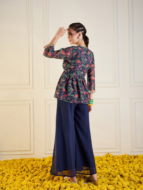 Navy Floral Peplum Top With Flared Pants-Shae by SASSAFRAS