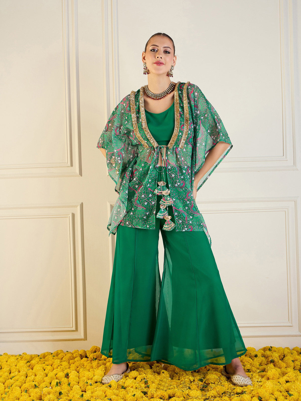 Green Printed Cape With Flared Pants & Crop Top-Shae by SASSAFRAS