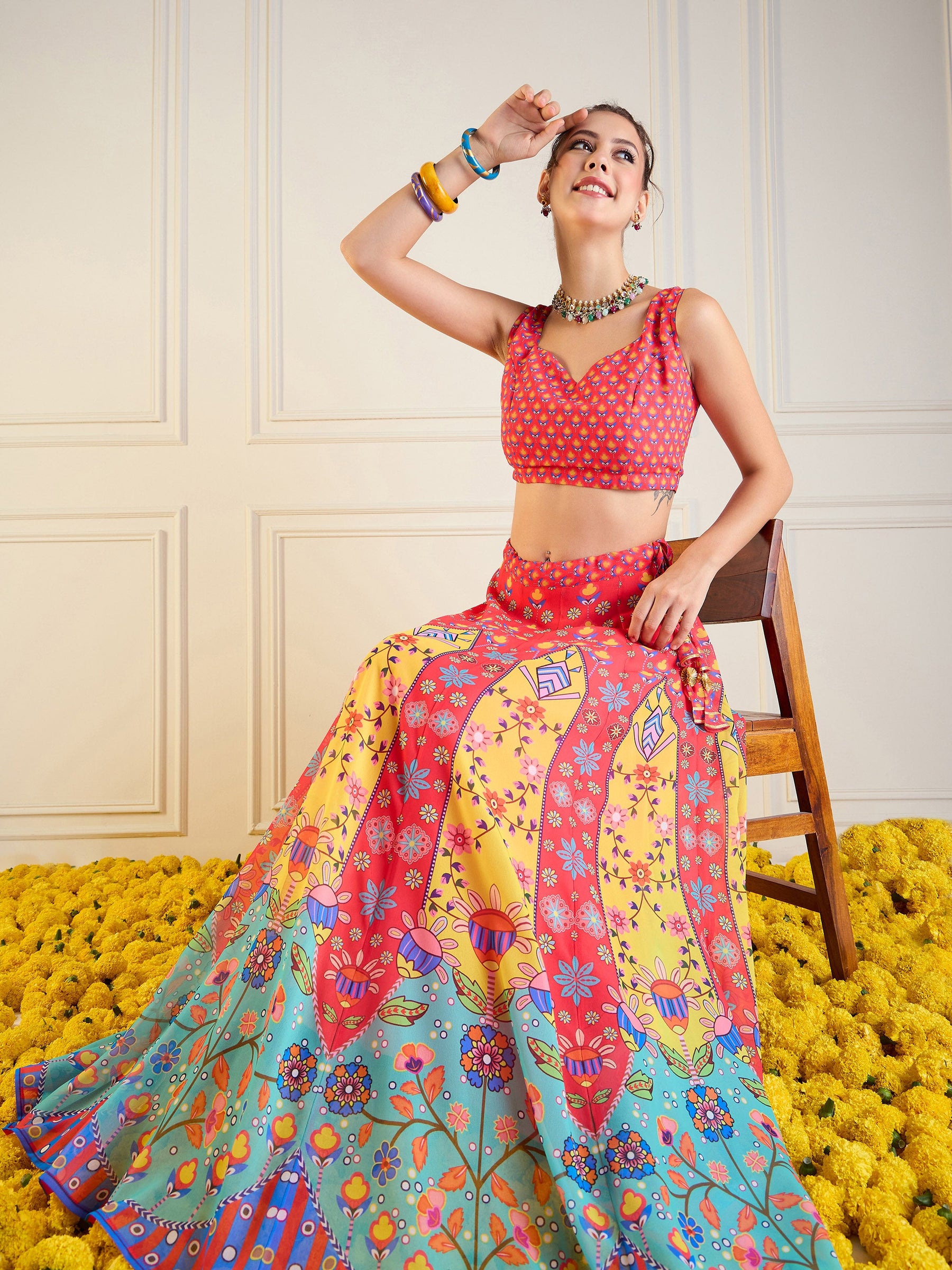 Women Red Yellow Floral Anarkali Skirt With Dori Crop Top