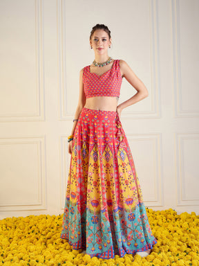 Red & Yellow Floral Anarkali Skirt With Dori Crop Top-Shae by SASSAFRAS