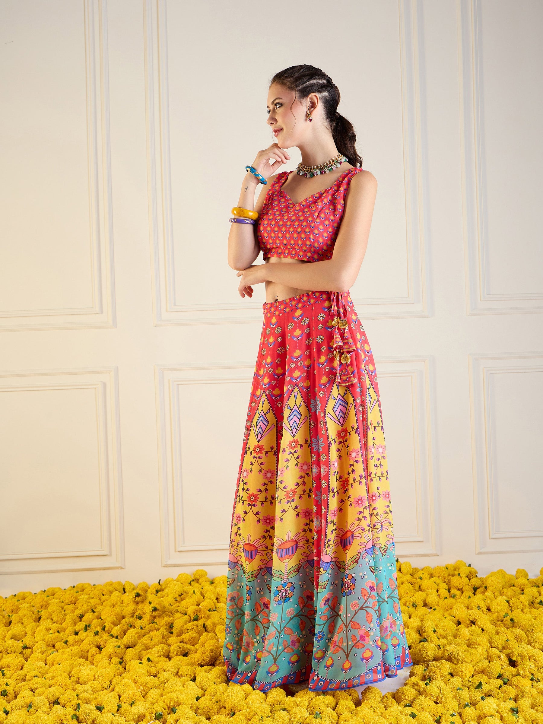 Red & Yellow Floral Anarkali Skirt With Dori Crop Top-Shae by SASSAFRAS