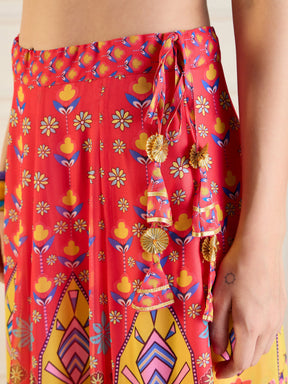 Red & Yellow Floral Anarkali Skirt With Dori Crop Top-Shae by SASSAFRAS