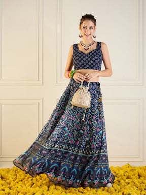 Navy Floral Anarkali Skirt With Dori Crop Top-Shae by SASSAFRAS