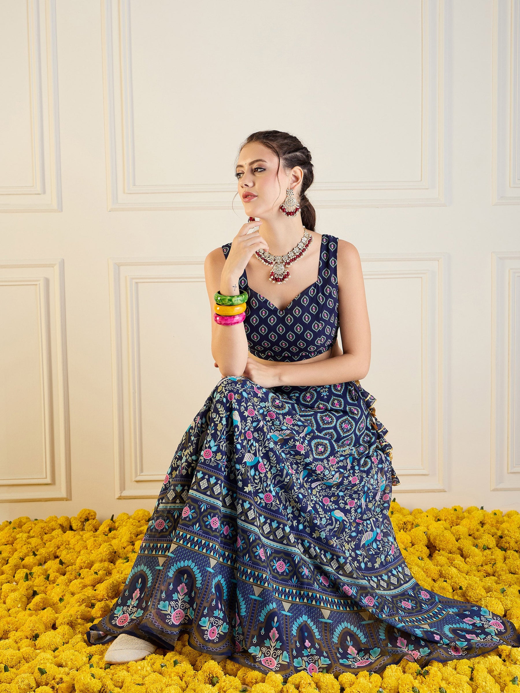 Navy Floral Anarkali Skirt With Dori Crop Top-Shae by SASSAFRAS