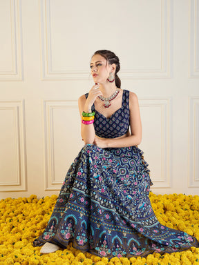 Navy Floral Anarkali Skirt With Dori Crop Top-Shae by SASSAFRAS