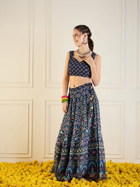 Navy Floral Anarkali Skirt With Dori Crop Top-Shae by SASSAFRAS