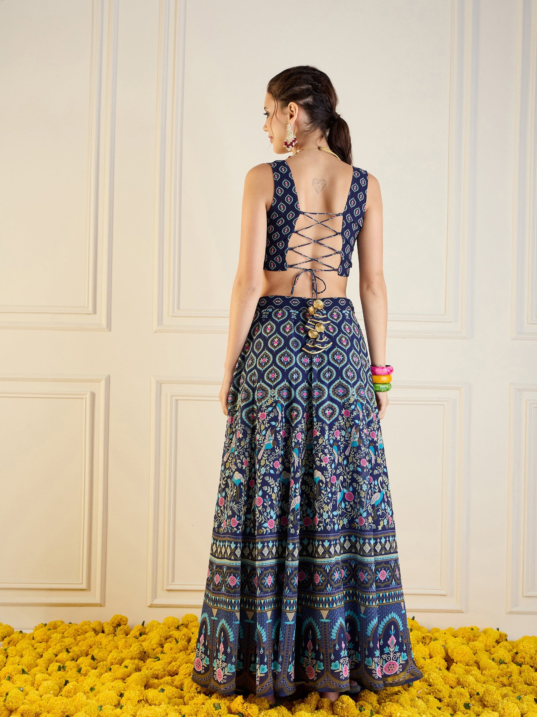 Navy Floral Anarkali Skirt With Dori Crop Top-Shae by SASSAFRAS