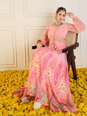 Pink Floral Anarkali Skirt With Ruching Crop Top-Shae by SASSAFRAS