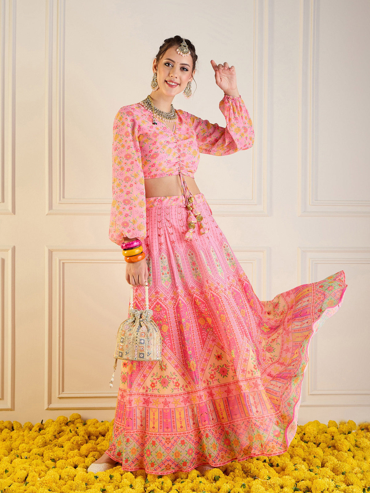 Pink Floral Anarkali Skirt With Ruching Crop Top-Shae by SASSAFRAS