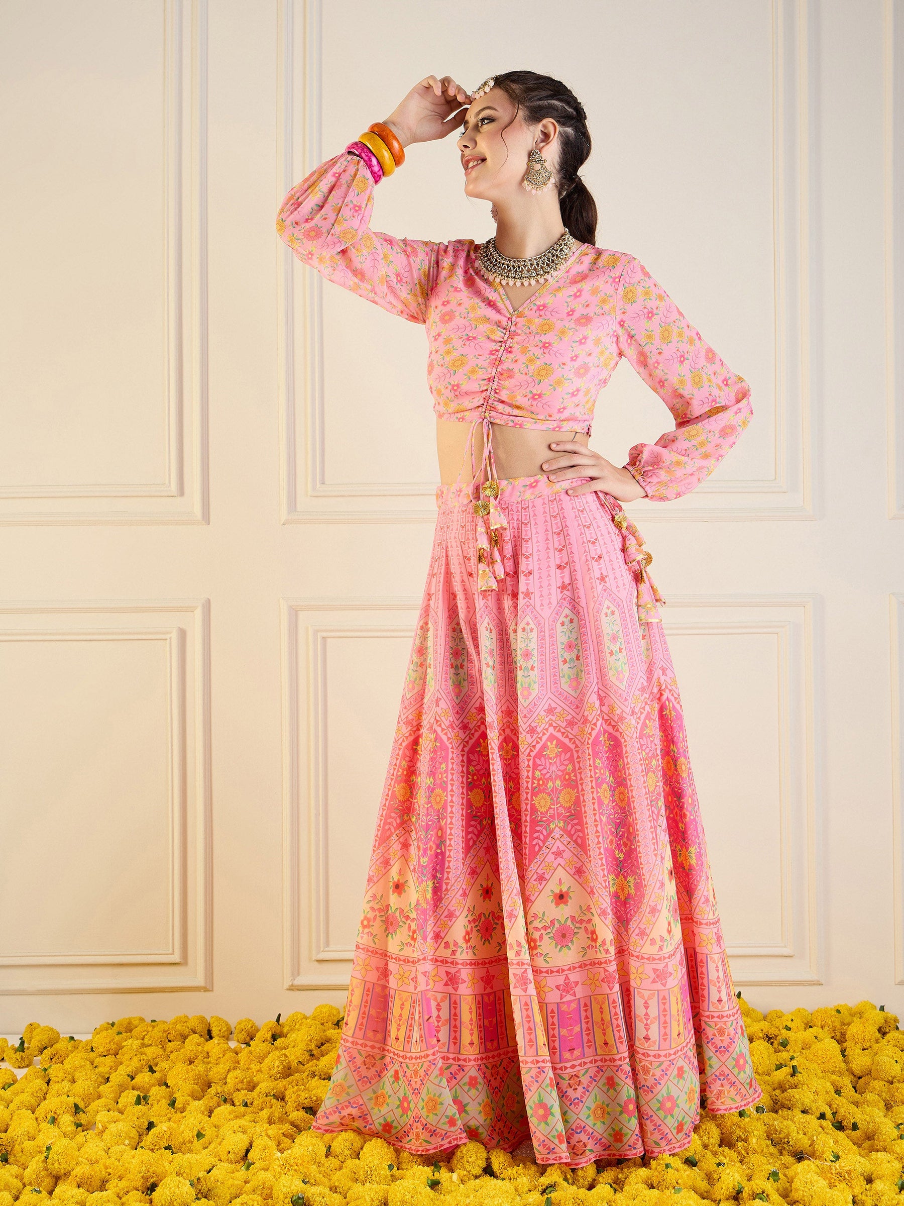 Pink Floral Anarkali Skirt With Ruching Crop Top-Shae by SASSAFRAS