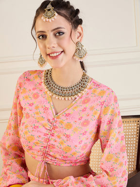 Pink Floral Anarkali Skirt With Ruching Crop Top-Shae by SASSAFRAS