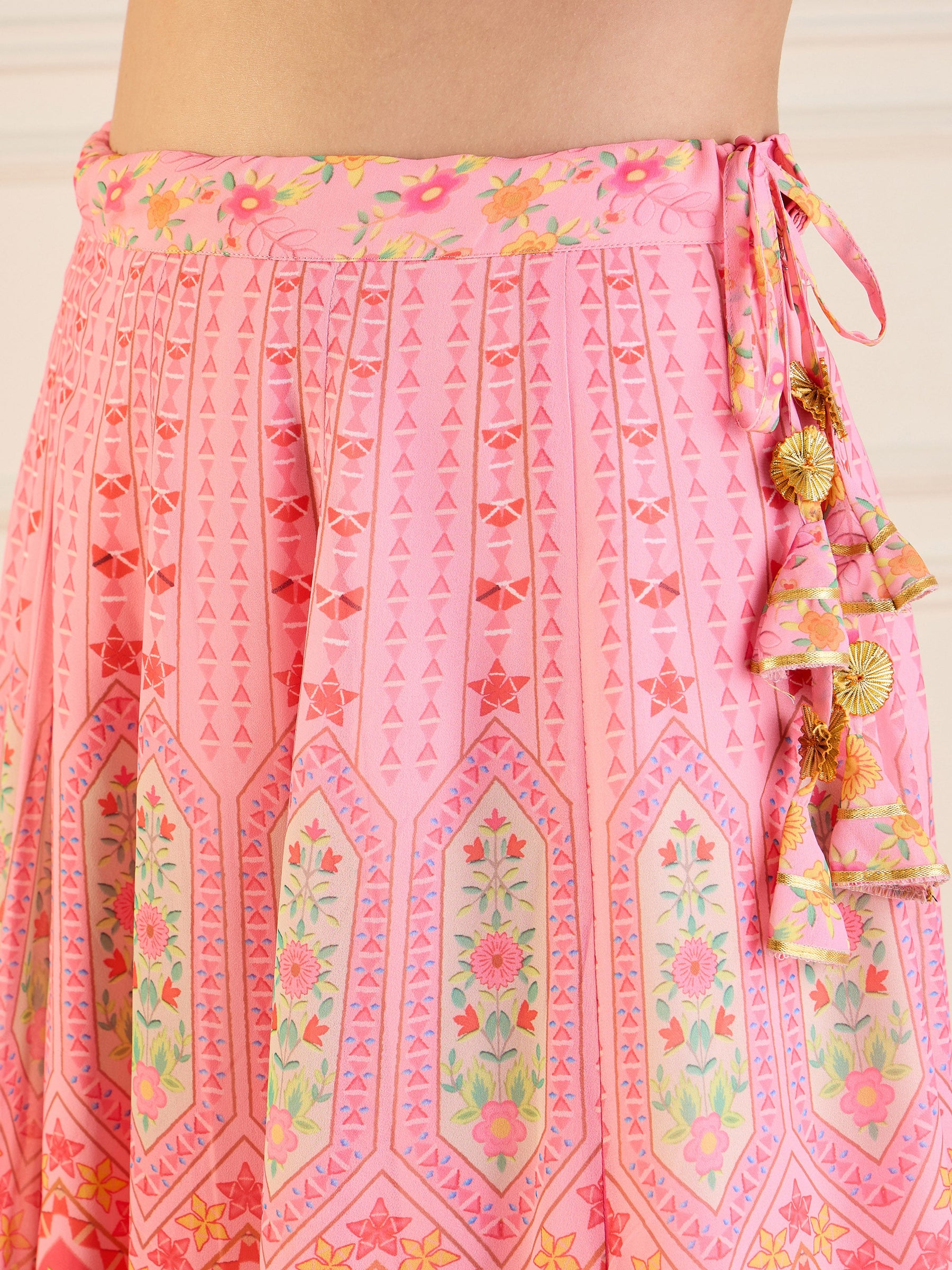 Pink Floral Anarkali Skirt With Ruching Crop Top-Shae by SASSAFRAS