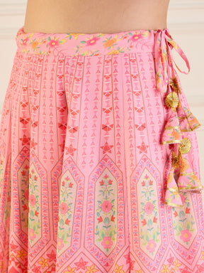 Pink Floral Anarkali Skirt With Ruching Crop Top-Shae by SASSAFRAS