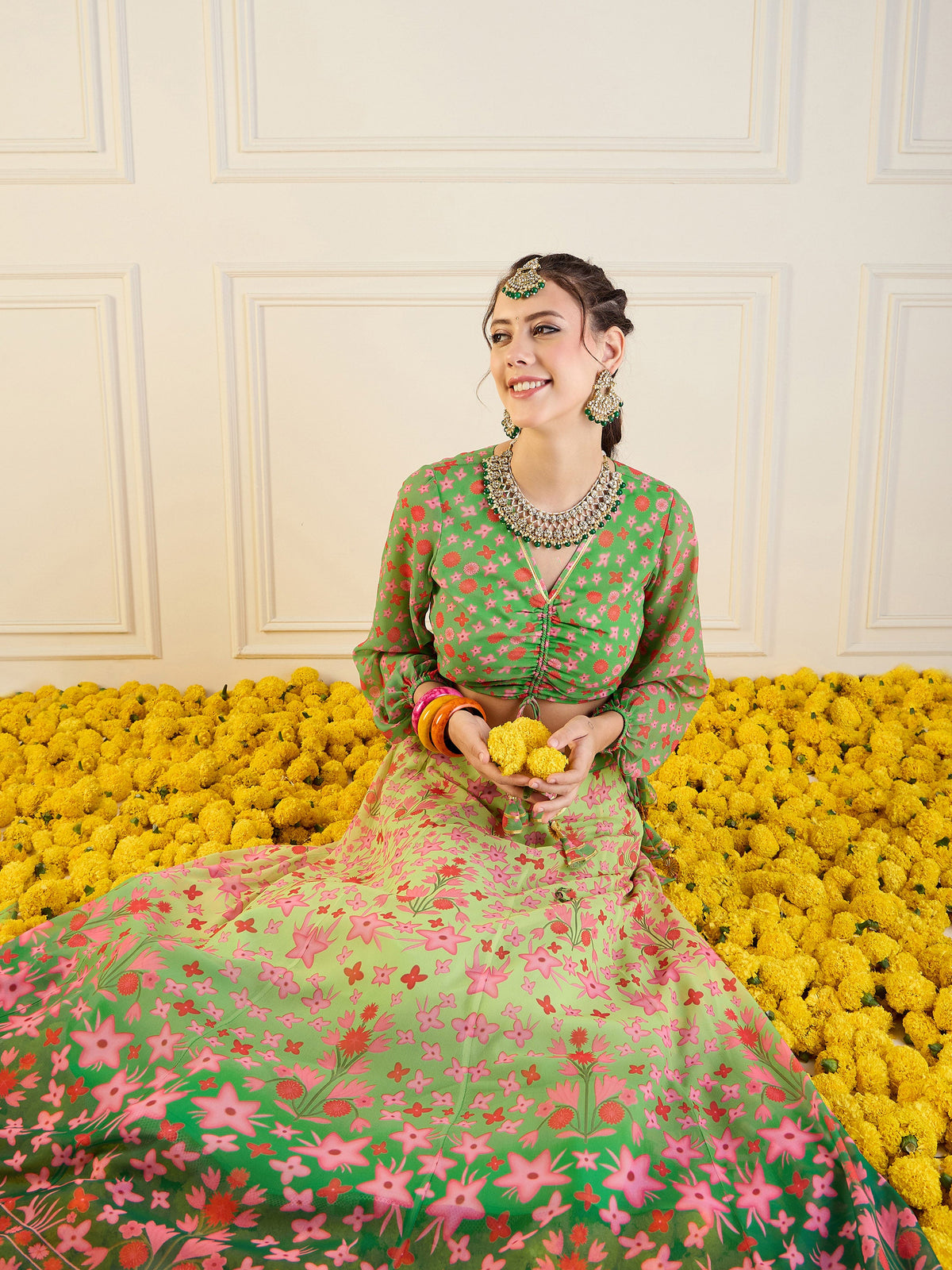 Green Floral Anarkali Skirt With Ruching Crop Top-Shae by SASSAFRAS